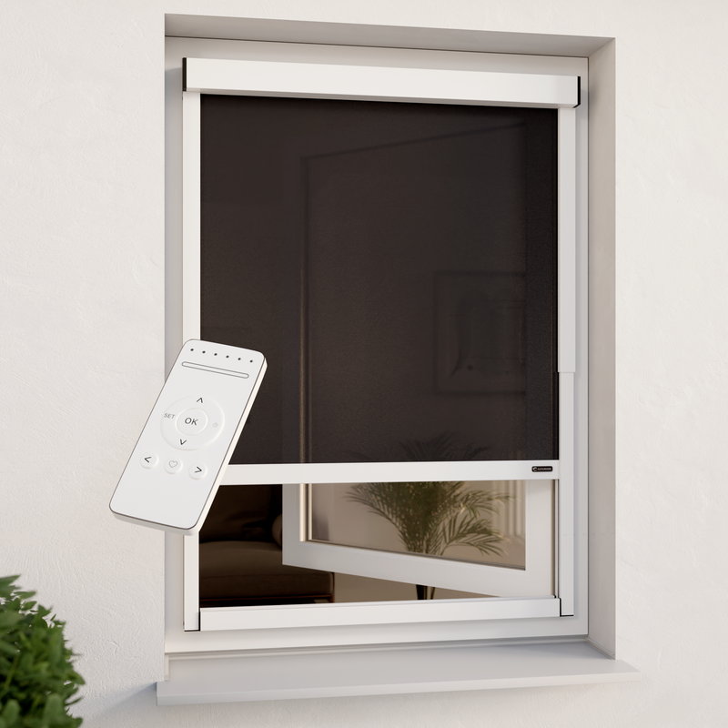 Außenrollo weiß transparent am Fenster inklusive Darstellung Funkhandsender für die Motorbedienung