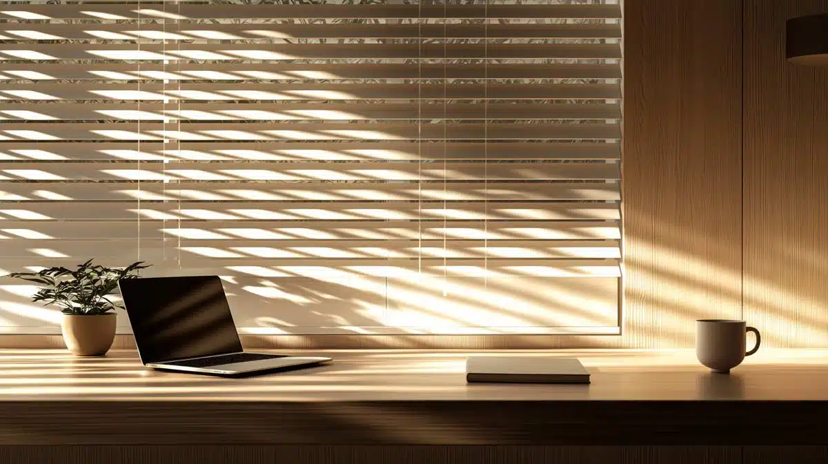 Schattenbild einer Jalousie an einem modern eingerichteten Homeoffice Arbeitsplatz