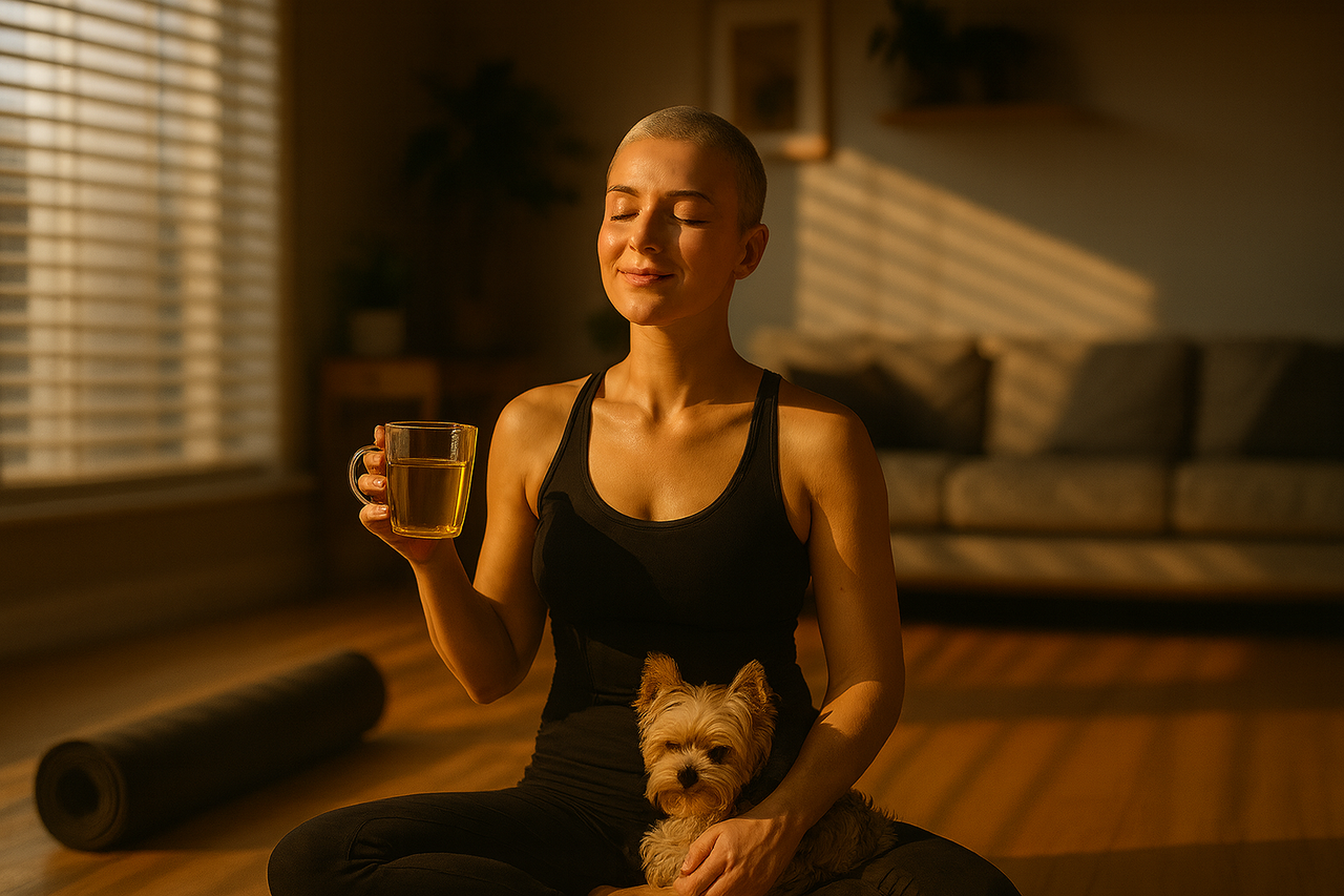 Wohlfühlbild einer Frau mit Hund beim Yoga in einem durch Jalousie angenehm verschatteten Raum