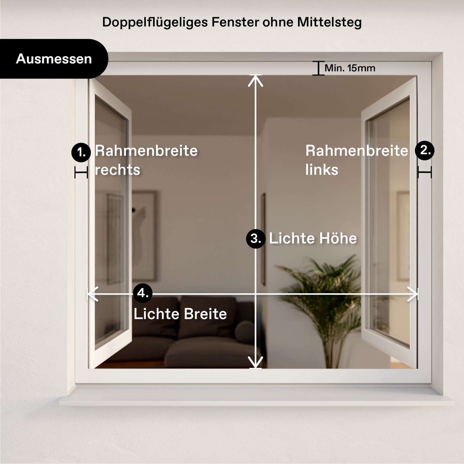 Ausmessbild Außenrollo für Fenster - Doppelflügeliges Fenster ohne Mittelsteg