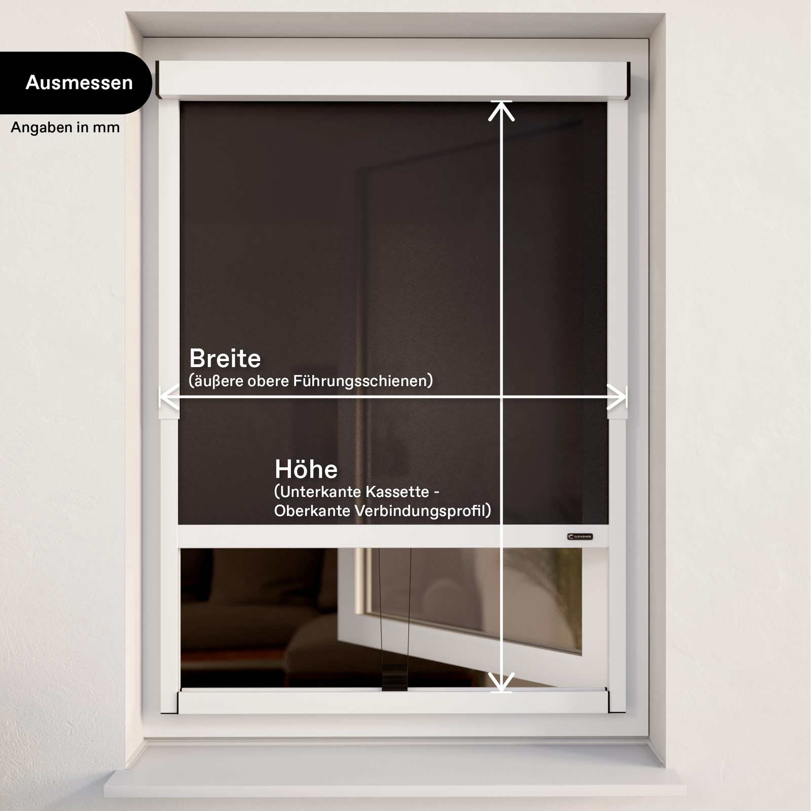 Ausmessbild am Außenrollo dargestellt für das Ergänzungsprodukt Insektenschutz Festrahmen