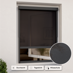 Außenrollo grau mit lichtdurchlässigen Stoff an Fenster montiert und mit Icons Durchsicht, Tageslicht und Hitzeschutz