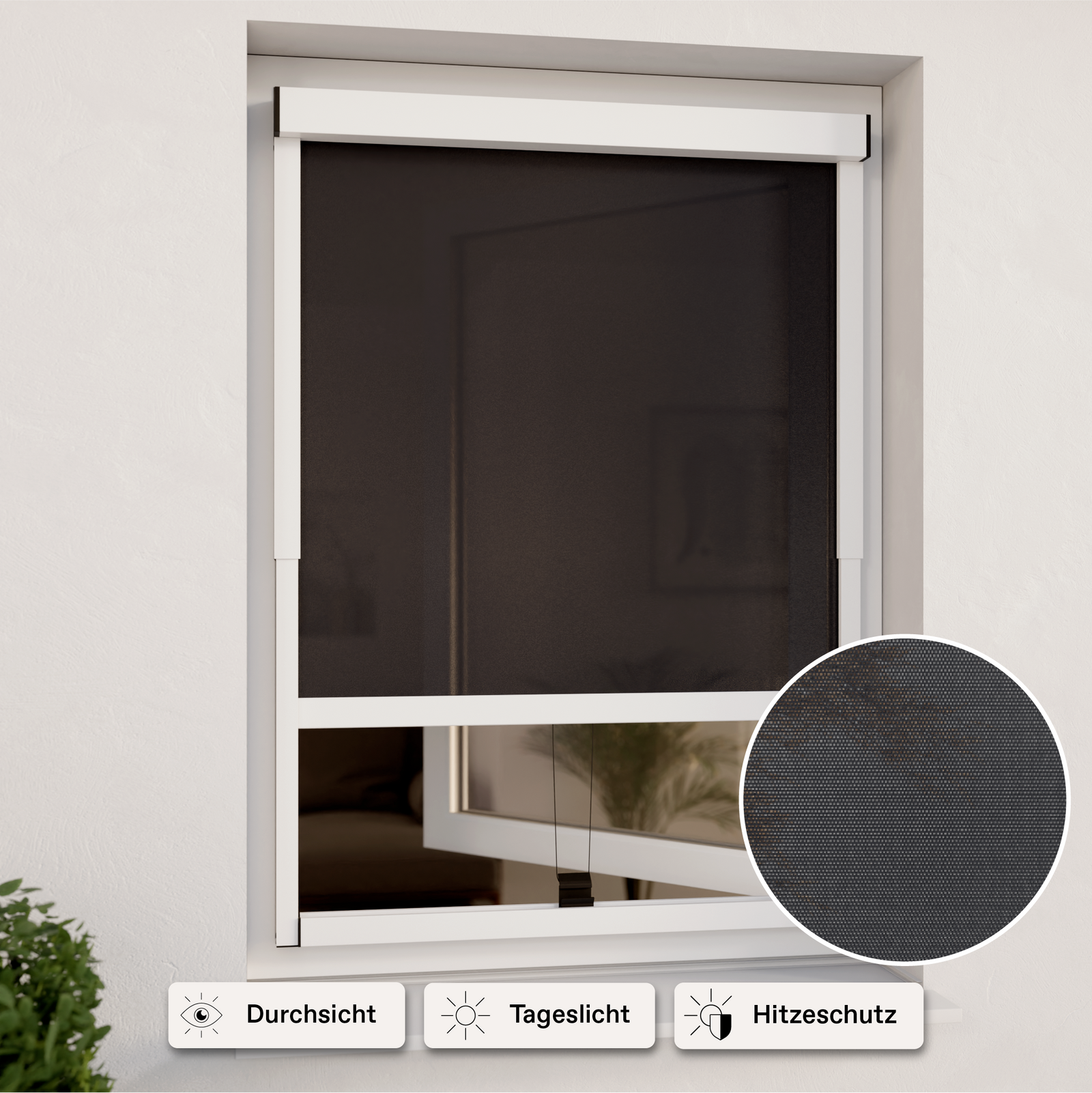 Außenrollo weiß mit lichtdurchlässigen Stoff an Fenster montiert und mit Icons Durchsicht, Tageslicht und Hitzeschutz