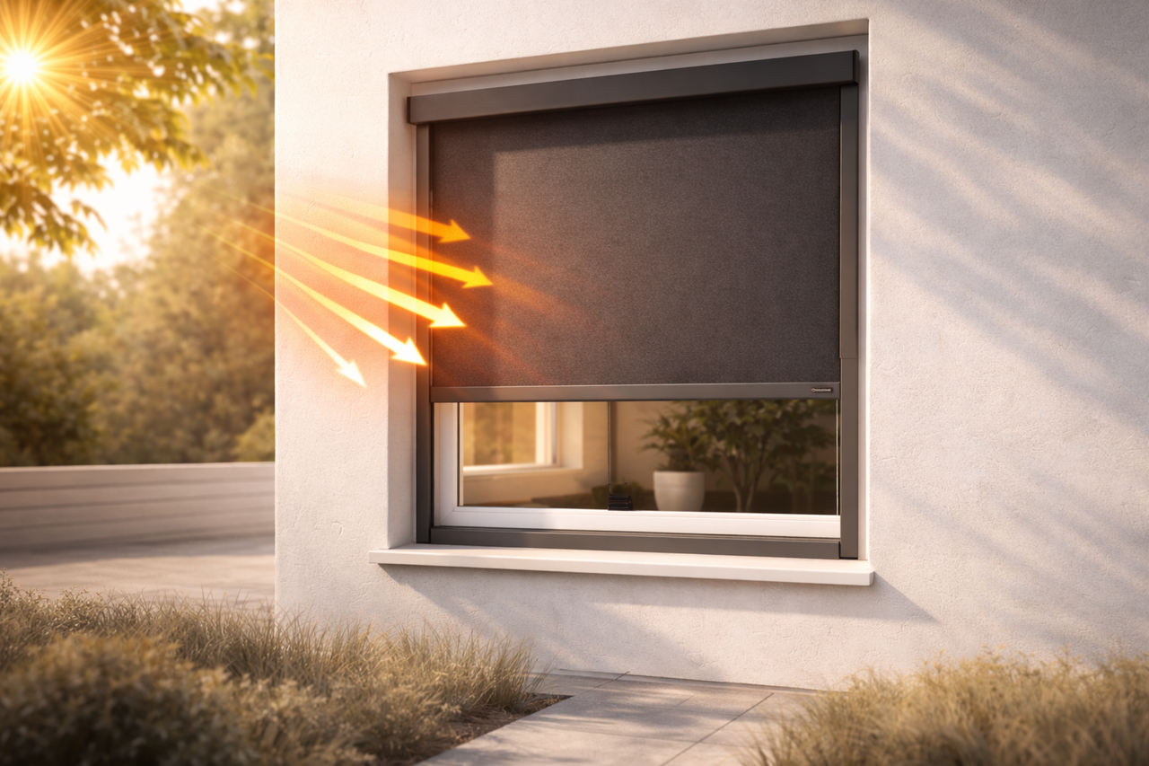 Moderne Fassade mit einem Außenrollo welches das Fenster verschattet und die Hitze vom Fenster abgehalten wird