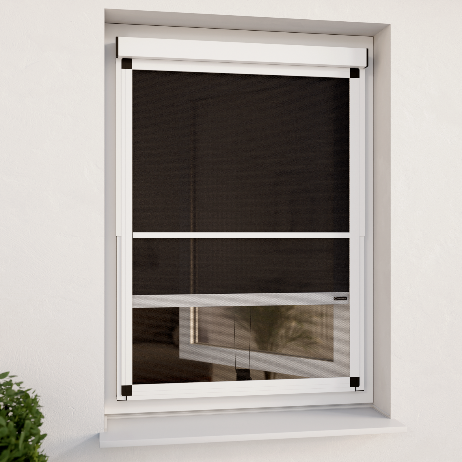 Kombinationsbild Außenrollo weiß an einer modernen Fassade inklusive Insektenschutz Festrahmen