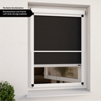 Kombinationsbild Außenrollo weiß an einer modernen Fassade inklusive Insektenschutz Festrahmen